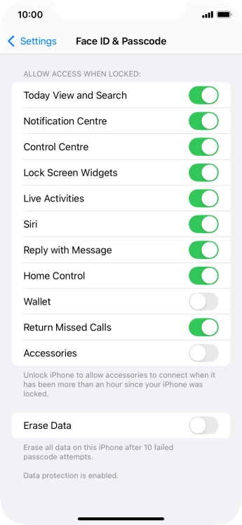 Press the indicator next to 'Erase Data' to turn the function on or off.