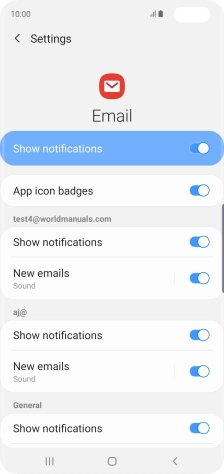 Press the indicator next to 'Show notifications' below the required email account to turn the function on or off.