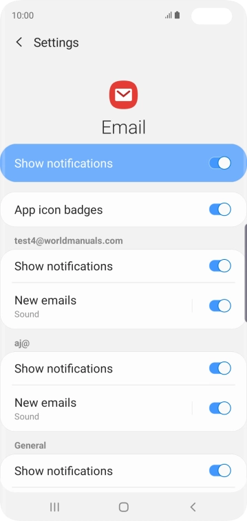 Press the indicator next to 'Show notifications' below the required email account to turn the function on or off.