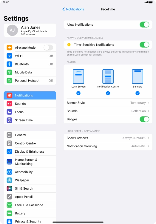 Press the indicator next to 'Allow Notifications' to turn notifications for the selected application on or off.