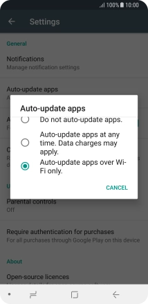 To turn on automatic update of apps using WiFi, press Auto-update apps over Wi-Fi only..