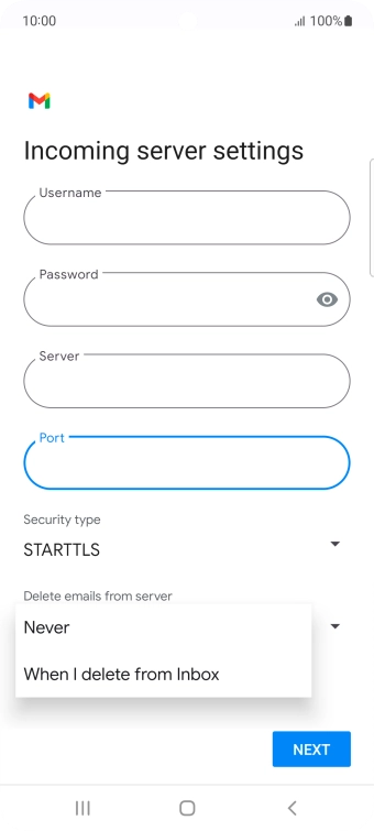 Press Never to keep emails on the server when you delete them on your phone.