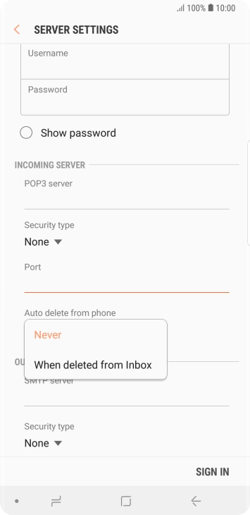 Press Never to keep emails on the server when you delete them on your phone.