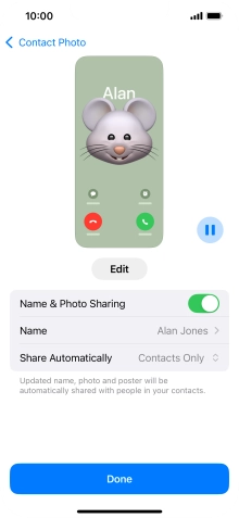 Press the indicator next to 'Name & Photo Sharing' to turn the function on or off.