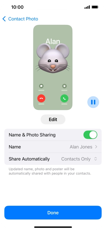 Press the indicator next to 'Name & Photo Sharing' to turn the function on or off.