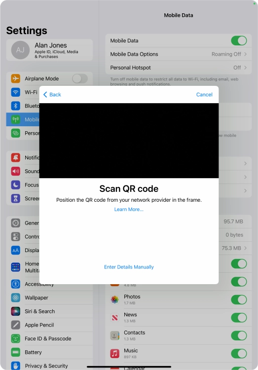 Place the QR code you've received inside the tablet camera frame to scan the code.