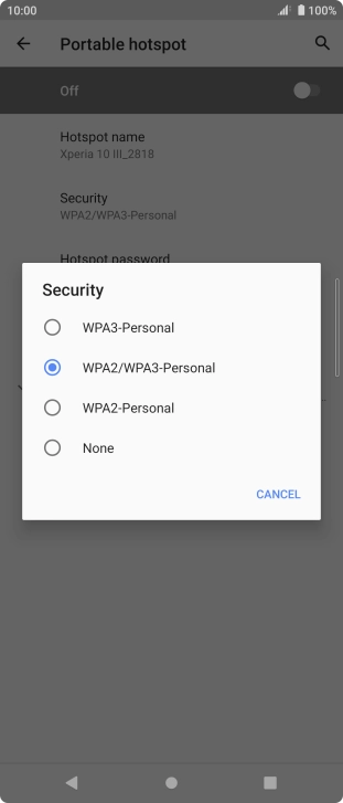Press WPA3-Personal to password protect your WiFi hotspot.