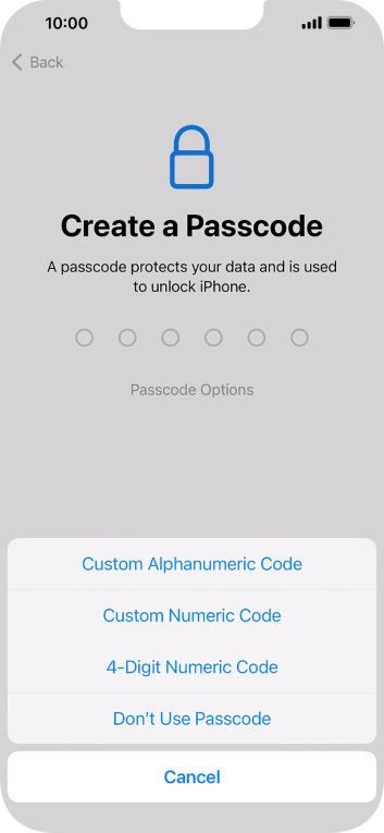 Follow the instructions on the screen to turn on the phone lock code or press Don't Use Passcode.