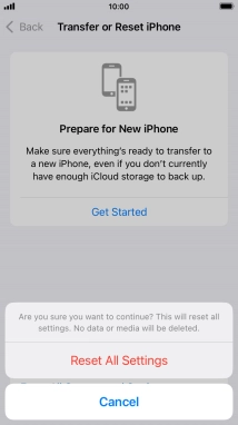 Press Reset All Settings. Wait a moment while the factory default settings are restored. Follow the instructions on the screen to set up your phone and prepare it for use.