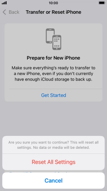 Press Reset All Settings. Wait a moment while the factory default settings are restored. Follow the instructions on the screen to set up your phone and prepare it for use.