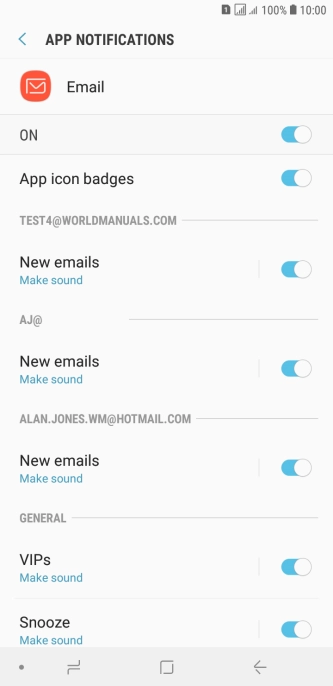 Press the indicator below the required email account to turn the function on or off. Press the indicator below the required email account to turn the function on or off.