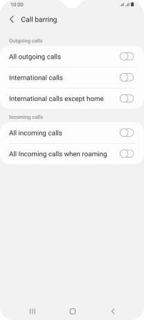 Press the required barring type to turn the function on or off.