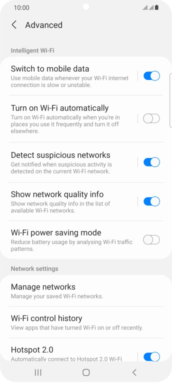 Press the indicator next to 'Switch to mobile data' to turn the function on or off. Press the indicator next to 'Switch to mobile data' to turn the function on or off.