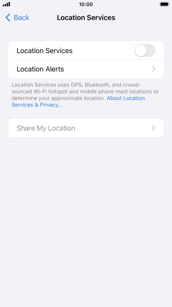 Press the indicator next to 'Location Services' to turn the function on or off. Press the indicator next to 'Location Services' to turn the function on or off.