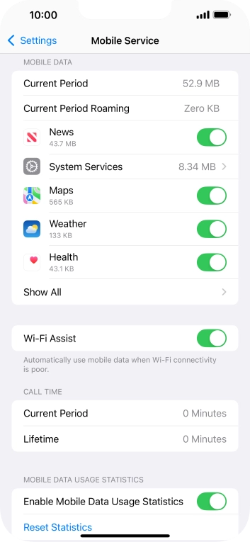 Press the indicators next to the required applications to turn the function on or off.