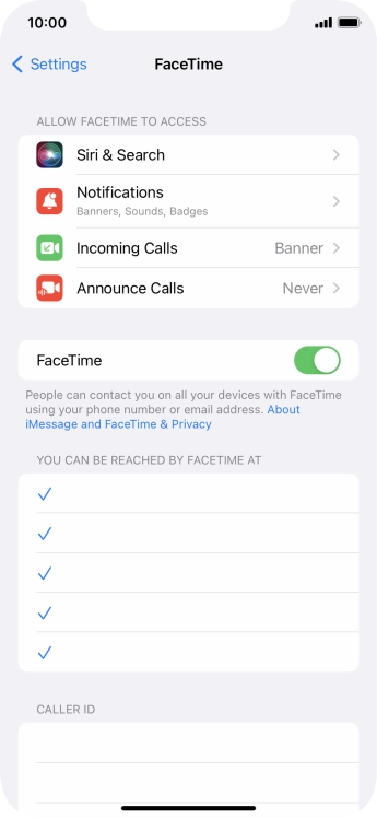 Press the indicator next to 'FaceTime' to turn the function on or off.