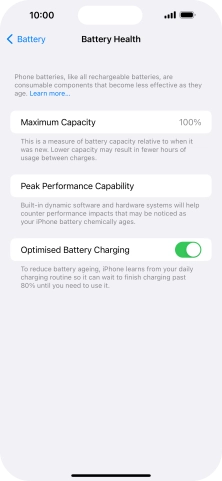 Press the indicator next to 'Optimised Battery Charging' to turn the function on or off.