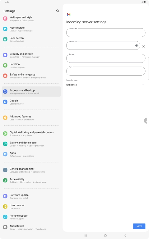 Press the field below 'Username' and key in the username for your email account. Press the field below 'Username' and key in the username for your email account.