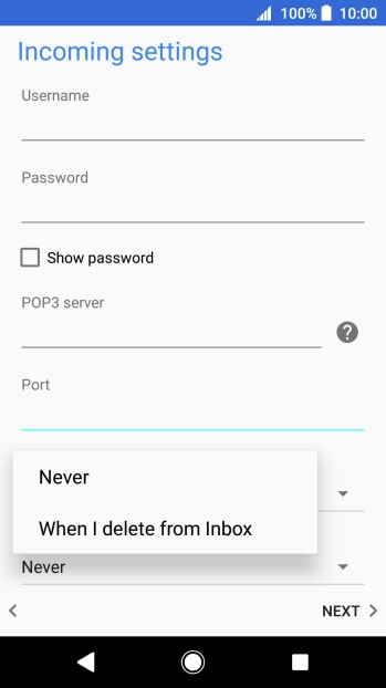 Press Never to keep emails on the server when you delete them on your phone.