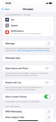 Press the indicator next to 'iMessage' to turn on the function.