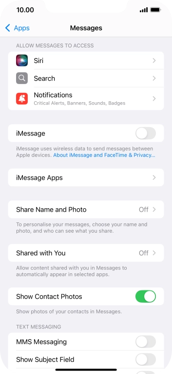 Press the indicator next to 'iMessage' to turn on the function.
