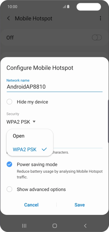 Press WPA2 PSK to password protect your WiFi hotspot.