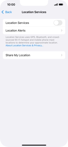 Press the indicator next to 'Location Services' to turn the function on or off.