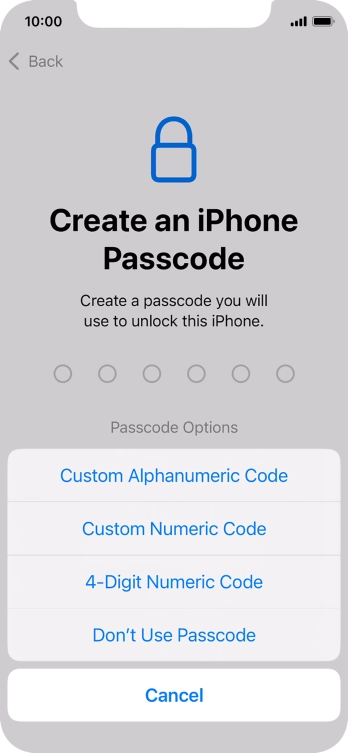 Follow the instructions on the screen to turn on the phone lock code or press Don't Use Passcode.