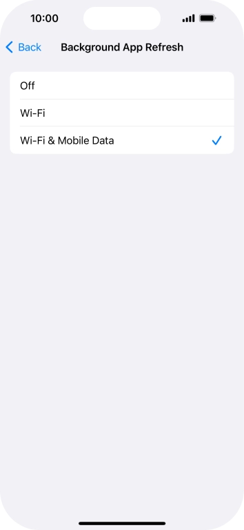 To turn off background refresh of apps, press Off. To turn off background refresh of apps, press Off.