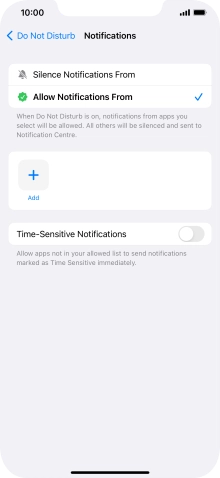 Press the indicator next to 'Time-Sensitive Notifications' to turn display of timed notifications on or off when Do Not Disturb is turned on.