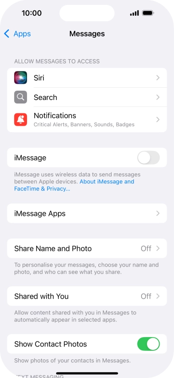 Press the indicator next to 'iMessage' to turn on the function.