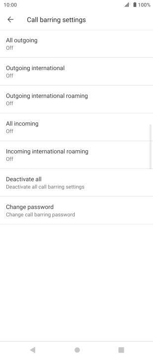 Press the required barring type to turn the function on or off.