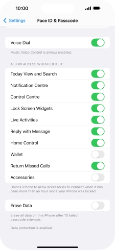 Press the indicator next to 'Erase Data' to turn the function on or off.