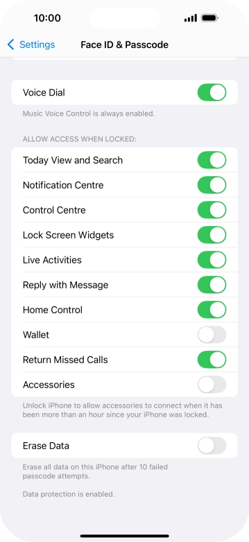 Press the indicator next to 'Erase Data' to turn the function on or off.