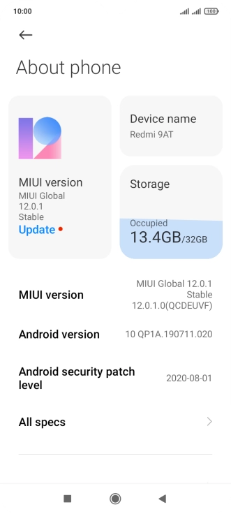 Press MIUI version. If a new software version is available, it's displayed. Follow the instructions on the screen to update the phone software.