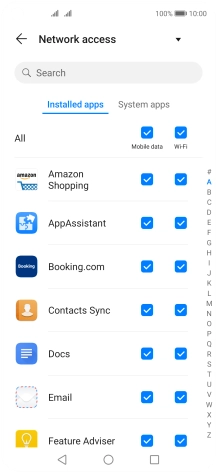 Press the field next to the application name in the 'Mobile data' column to turn the function on or off.