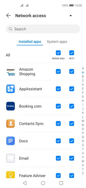 Press the field next to the application name in the 'Mobile data' column to turn the function on or off.
