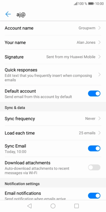 Press Account name and key in the required name for the email account.