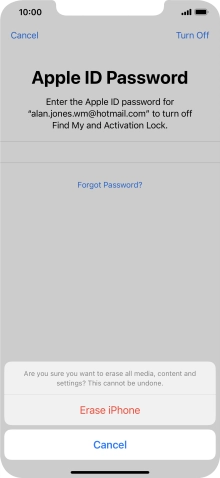 Key in the password for your Apple ID and press Erase iPhone. Wait a moment while the factory default settings are restored. Follow the instructions on the screen to set up your phone and prepare it for use.