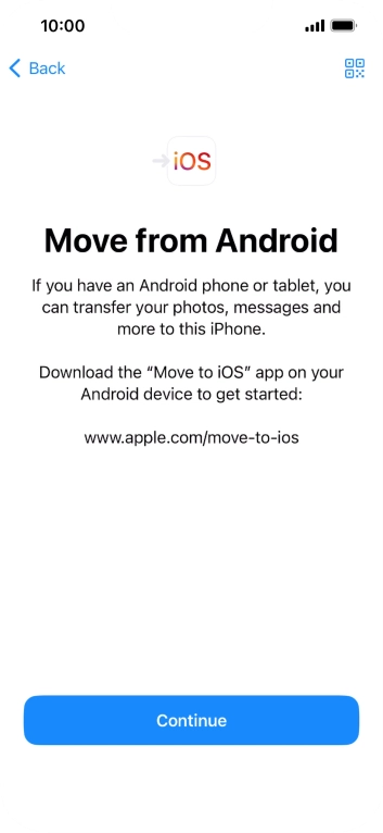 To transfer content to your phone, you need to install the app 'Move to iOS' on the Android phone. When the app is installed, press Continue.