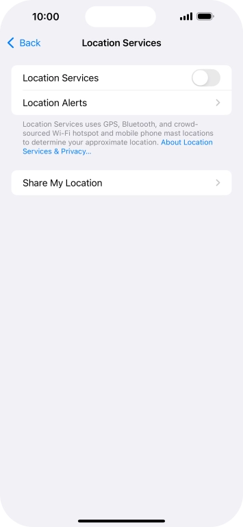 Press the indicator next to 'Location Services' to turn the function on or off.
