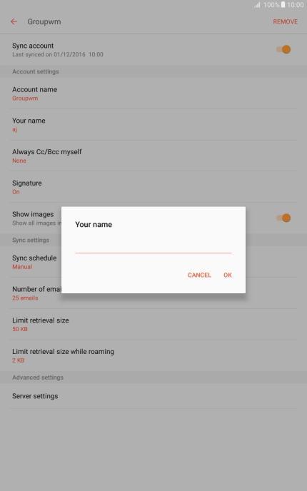 Key in the required sender name and press OK.