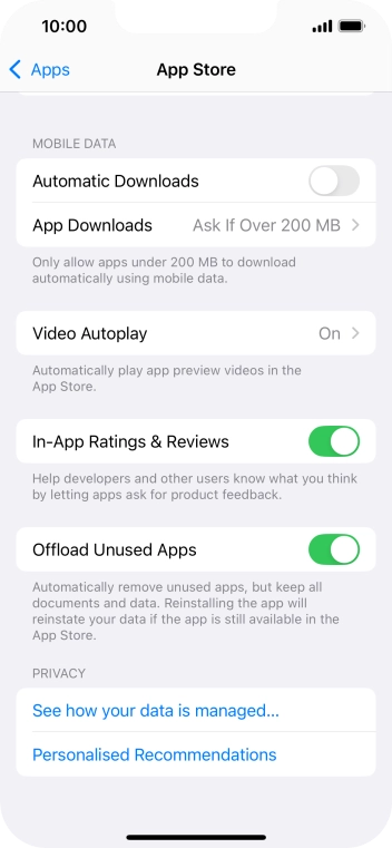Press the indicator next to 'Offload Unused Apps' to turn the function on or off.