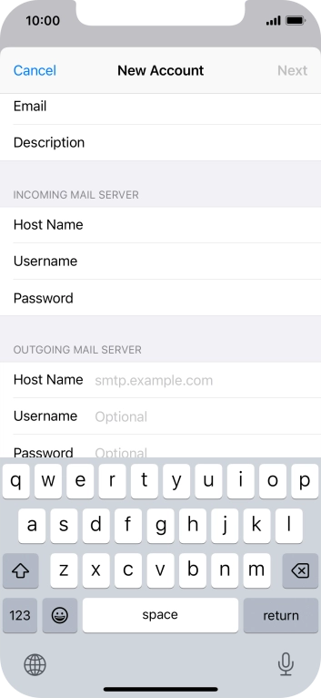 Press Host Name and key in the name of your email provider's outgoing server. Press Host Name and key in the name of your email provider's outgoing server.