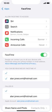 Press the indicator next to 'FaceTime' to turn the function on or off.