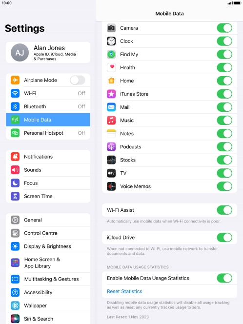 Press the indicator next to 'Wi-Fi Assist' to turn the function on or off.