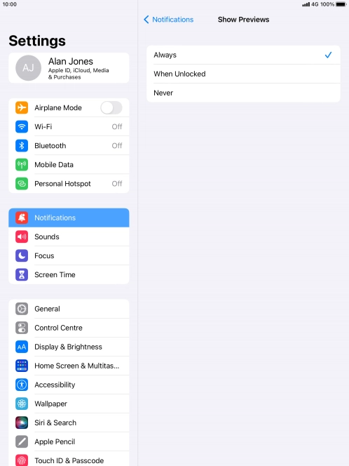 To select notification preview on the lock screen, press Always.
