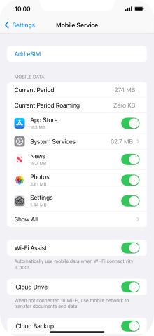 Press the indicators next to the required applications to turn the function on or off.