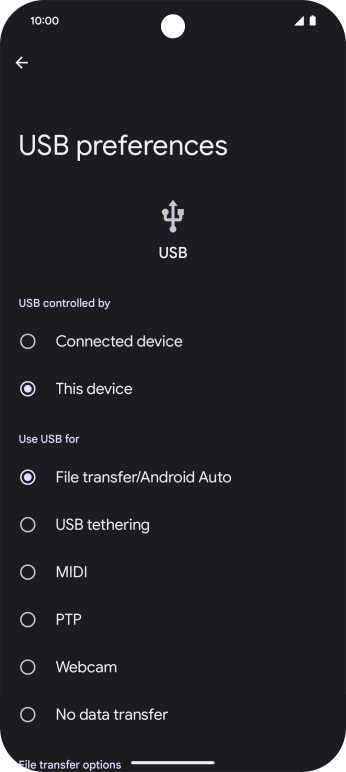 Press File transfer/Android Auto.