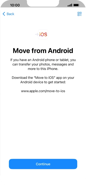 To transfer content to your phone, you need to install the app 'Move to iOS' on the Android phone. When the app is installed, press Continue.